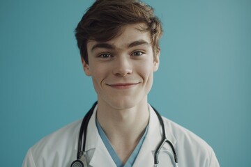 Young confident medical doctor on blue background.