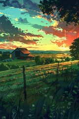 Sticker - A painting of a rural landscape with a house and a fence. The sky is filled with clouds and the sun is setting. The mood of the painting is peaceful and serene