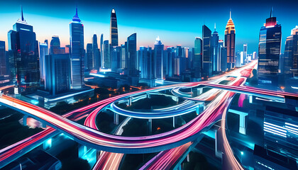 Futuristic city night traffic flow scene, blend of technology and art.