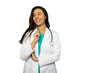© PeopleVideos - Portrait of a young female doctor in a lab coat with a stethoscope