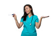 © PeopleVideos - Confident young nurse in scrubs displaying a thermometer