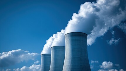 Cooling Towers of Power Plant Emitting Steam Against Clear Blue Sky