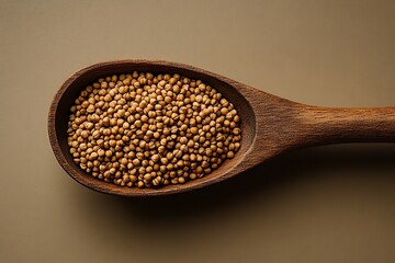 Wooden spoon filled with mustard seeds on a brown background