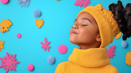 A girl in a yellow sweater and knit headband smiles confidently with eyes closed against a vibrant, whimsical background, reflecting the warmth and playfulness of childhood. Playful childhood warmth.