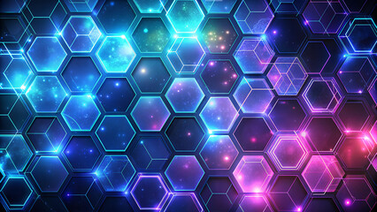 Abstract background with hexagonal grid of transparent hexagons in neon blue and purple, creating depth and light