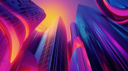 Sticker - Dynamic abstract scene featuring a synthwave skyscraper, highlighted by vibrant colors and swirling shapes.