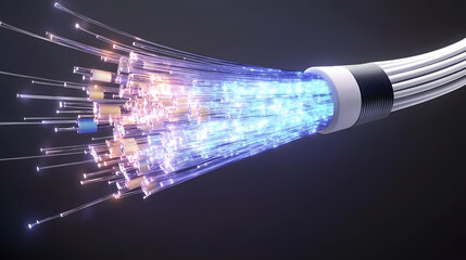 Wall Mural - 3d rendering of a fiber optic cable bursting with data, transmitting light pulses as a representatio