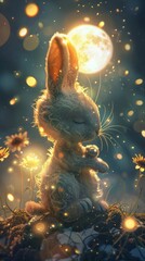 Poster - A rabbit is sitting in the grass with a full moon in the background. The rabbit is sleeping