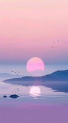 Sticker - A beautiful sunset over a calm body of water with a large sun in the sky. The sky is a mix of pink and purple hues, creating a serene and peaceful atmosphere