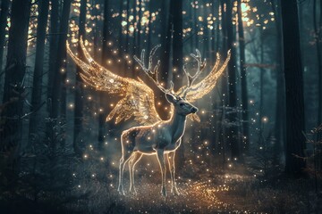 Wall Mural - Reindeer with wings made of light in a mystical forest.