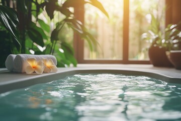 Sticker - A bathtub filled with water and a white towel with flowers on it