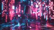 © novitasary - A vintage microphone stands on a digital platform in front of a city lights backdrop.