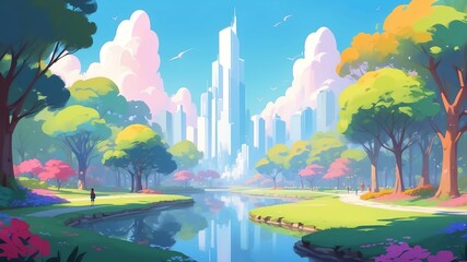 Wall Mural - white themed aesthetic minimalist city park concept illustration background
