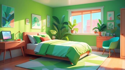 green themed aesthetic minimalist bedroom interior concept illustration background