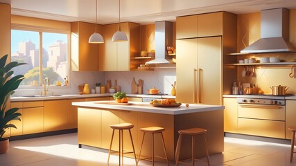 gold themed aesthetic minimalist kitchen interior concept illustration background