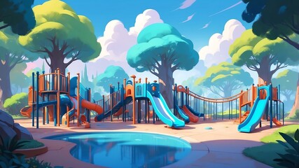 Wall Mural - blue themed aesthetic minimalist playground concept illustration background