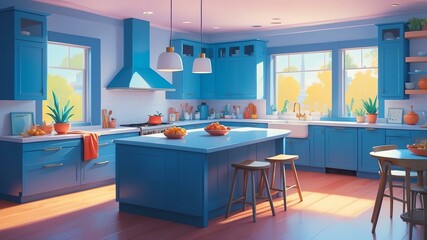 blue themed aesthetic minimalist kitchen interior concept illustration background