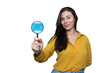 © PeopleVideos - Portrait of a young businesswoman holding a magnifying glass