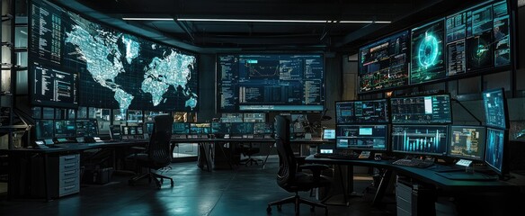 A Modern Hacker's Workstation with Multiple Monitors Displaying Global Data and Code