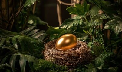 A golden egg rests in a rustic nest surrounded by lush greenery symbolizing the potential for business growth and innovation