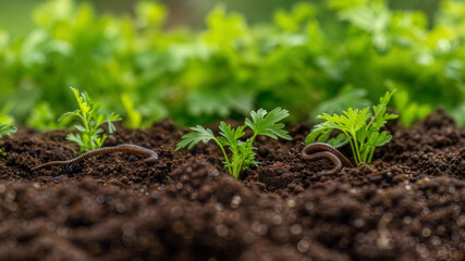 Earthworms in vibrant garden soil fostering healthy plant growth