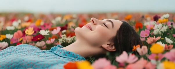 A person lying in a field of flowers, smiling up at the sky close up   Joy found in nature s quiet beauty   ethereal   Fusion   Flower field backdrop