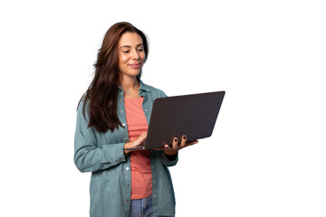 portrait of a young woman holding a laptop in her hands