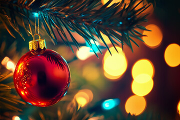 Red Christmas bauble hanging on tree branch with colorful bokeh in the background. Classic holiday decoration for Christmas trees.