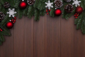 Festive Christmas decorations with pine branches, pine cones, and red baubles on rustic wooden background. Traditional holiday decor for seasonal celebrations.