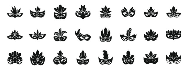 Wall Mural - Face mask feathers icons set. This set of carnival masks offers a variety of festive designs, perfect for adding a touch of mystery and excitement to parties and celebrations