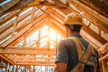 A construction worker in a helmet looks at the wooden framework of a house under construction. A symbol of building, labor, and creating new housing.