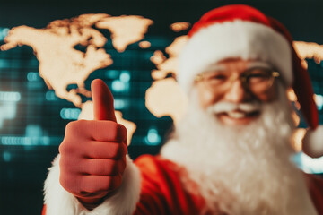 Santa Claus in traditional red suit thumbs up standing in front of golden digital world map