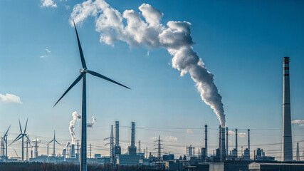 Contrasting energy sources wind turbines and industrial pollution in urban landscape