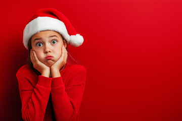 Surprised little girl wearing Santa hat against red background. Perfect for festive Christmas portraits, holiday cards, or joyful Christmas-themed children’s imagery.