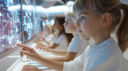 A futuristic classroom where children teach adults new skills in technology, blending generations in a shared space of learning – A unique and dynamic image of creation, joy, and m