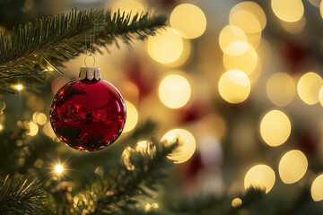 Red Christmas ornament hanging on pine branch with beautiful bokeh lights in background. Ideal for holiday decor, festive designs, and seasonal greeting cards.