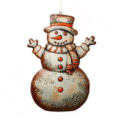 Wall Mural - Hanging vintage Christmas tree snowman ornament - embossed metal detail, worn and rusty old Xmas decoration object, isolated on a white background.	