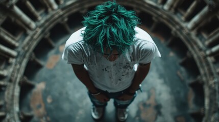 A person with striking green hair stands in the middle of a circular, architectural space. The focus is on individuality and modern youthful expression in an artistic setting.