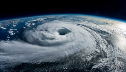 An atmospheric photo of a large and dramatic hurricane forming from the outer space; category 5 hurricane storm is brewing in the ocean; atmospheric photography; a view from outer space of a hurricane