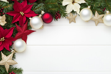 Christmas wreath with poinsettia flowers, ornaments, and greenery on white background. Perfect for holiday decor, festive designs, and seasonal celebration imagery.