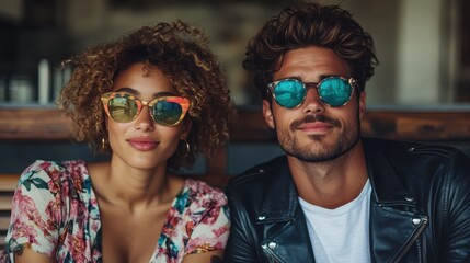 A trendy couple wearing reflective sunglasses and floral outfits poses together, exuding confidence and contemporary style, with a focus on bold fashion.