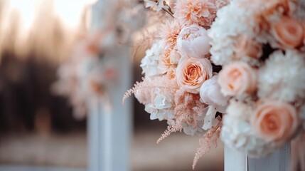 A beautiful close-up of a floral arrangement featuring soft pink roses and peonies, set against a blurred elegant background, exuding romance and delicacy.