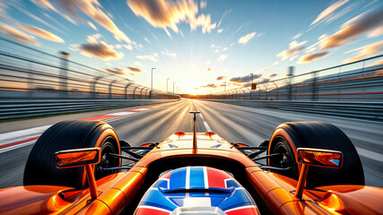 Orange Formula 1 racing car in the track at sunset from the driver cockpit point of view