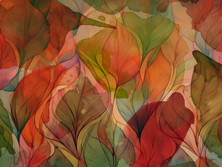 Wall Mural - Abstract background featuring leaves with a soft watercolor effect, blending colors and shapes harmoniously.