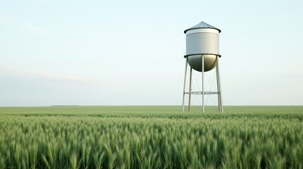 A vintage water tower stands tall amidst  fields under a clear sky, showcasing rural landscapes in the afternoon light