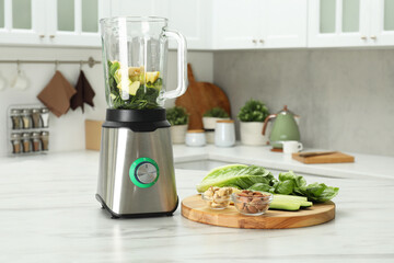 Sticker - Modern blender with smoothie and ingredients on white marble table in kitchen