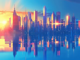 Wall Mural - A city skyline is reflected in a body of water, generative ai image