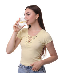 Poster - Woman drinking water with lemon on white background