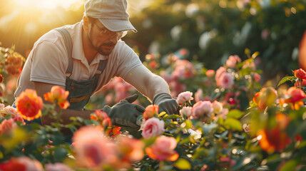 Male gardener in protective gloves and hat tending to rose bushes in a flower garden at sunset. Concept of gardening, horticulture, floriculture, plant care. Copy space