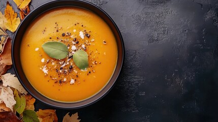 Wall Mural - Pumpkin soup in black bowl top view